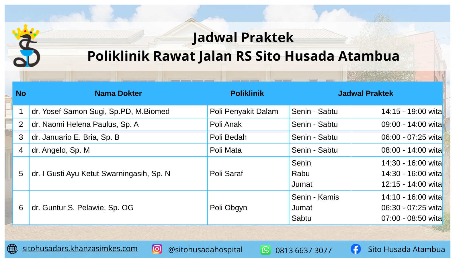 Jadwal Praktek Poliklinik RS Sito Husada Atambua